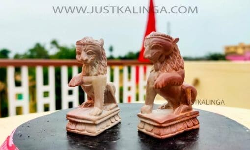 THE DIVINE GUARDS (PAIR LION) CARVED DESIGNED (PINK STONE) MARBLE HEIGHT-03 INCH | Justkalinga.com.