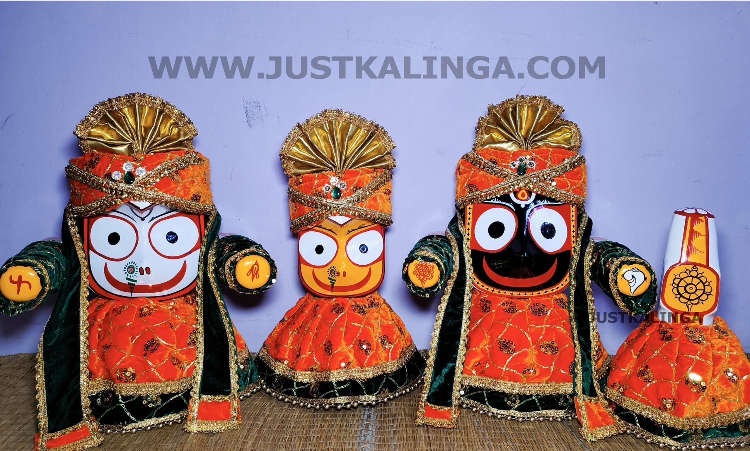 PREMIUM DRESS (ORANGE GOLDEN WITH GREEN WELBET CLOTH) FOR SHRI CHATURTHA MAHAPRABHU FULL SET | Justkalinga.com.