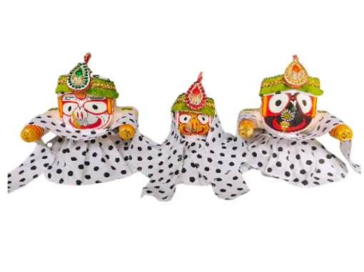 Lord Jagannath, Balabhadra, and Subhadra adorned with the Monday Dress and moon-design Chitas.