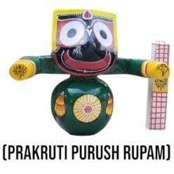 Prakruti Purusha Jagannath Murti set with Sudarsan Chakra, Mahaprasadam, Sanjua, dress set, and Puja guide.