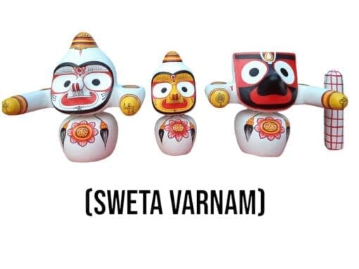 Sweta Varnam Jagannath Murti set with Sudarsan Chakra, Mahaprasadam, Sanjua, dress set, and Puja guide.