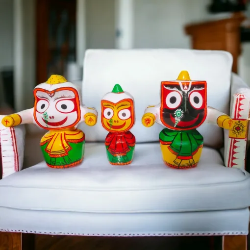 Smiling Face Jagannath Murti Set handcrafted from pure neem wood, featuring Lord Jagannath, Balabhadra, and Subhadra.