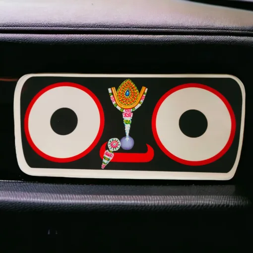 Lord Jagannath car sticker displayed on a car window, bringing blessings on journeys.