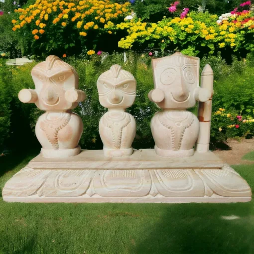 Chaturdha Mahaprabhu Stone Murti, hand-carved from pink stone, depicting Lord Jagannath, Balabhadra, and Subhadra.