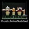 Handcrafted 4-inch neem wood Jagannath family (Jagannath, Balabhadra, Subhadra) with Ratna Singhasan, Mahaprasadam, and puja items.