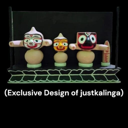 Handcrafted 4-inch neem wood Jagannath family (Jagannath, Balabhadra, Subhadra) with Ratna Singhasan, Mahaprasadam, and puja items.