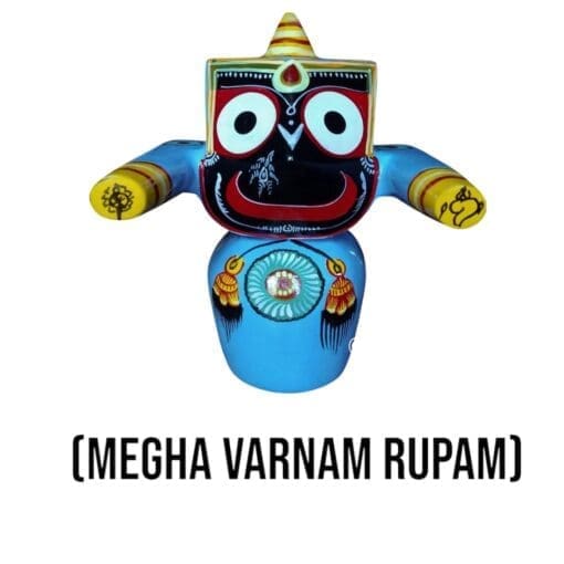 Megha Varnam Jagannath Murti set with Mahaprasadam, Sanjua, dress set, and Puja guide.