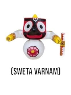 Sweta Varnam Jagannath Murti set with Sudarsan Chakra, Mahaprasadam, Sanjua, dress set, and Puja guide.