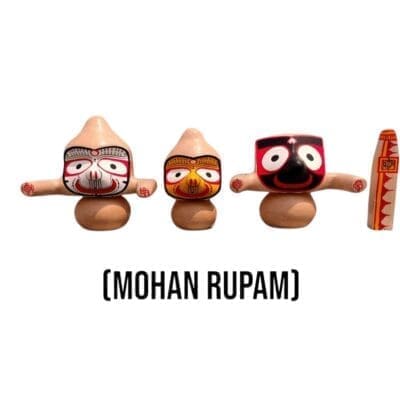 Mohan Rupam Jagannath Murti set with Sudarsan Chakra, Mahaprasadam, Sanjua, dress set, and Puja guide.