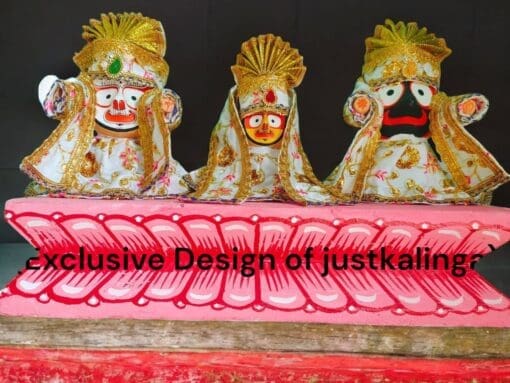 Jagannath Mahima Combo: Neem wood deities (Jagannath, Balabhadra, Subhadra, Sudarsan), Padma Asan, silk dress, Nirmalya, Sanjua. Order via call/WhatsApp +91 7978964242 or www.justkalinga.com.