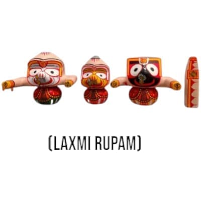 Laxmi Rupam Jagannath Murti set with Sudarsan Chakra, Mahaprasadam, Sanjua, dress set, and Puja guide.