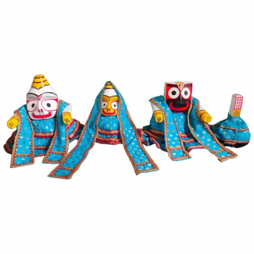 Lord Jagannath, Balabhadra, and Subhadra adorned with the Premium Dress set.