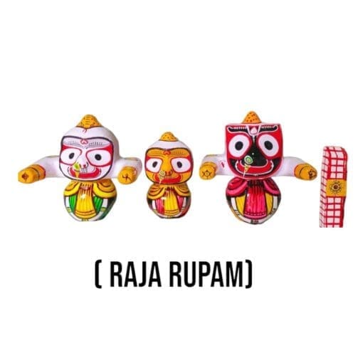 Complete Raja Rupam Jagannath murti set (neem wood) - Lord Jagannath, Balabhadra, Subhadra & Sudarshan.