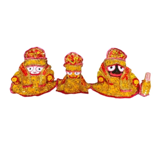 Yellow velvet Jagannath Dress with Pagadi. Velvet dress set for Lord Jagannath, Balabhadra, and Subhadra, including dresses, chadars, and Pagadis.