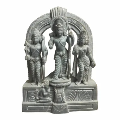 Sita, Ram, and Laxman Stone Murti, hand-carved with intricate detail, capturing the divine essence of these revered figures.