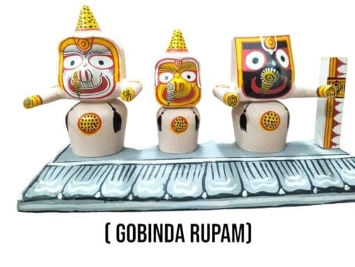 Complete Gobinda Rupam Jagannath murti set (neem wood with stand) - Lord Jagannath, Balabhadra, Subhadra & Sudarshan.