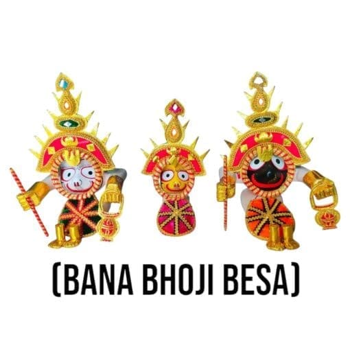 Bana Bhoji Besha for Lord Jagannath murtis, enhancing home altars and expressing devotion. Includes Nirmalya Mahaprasadam and Sanjua.