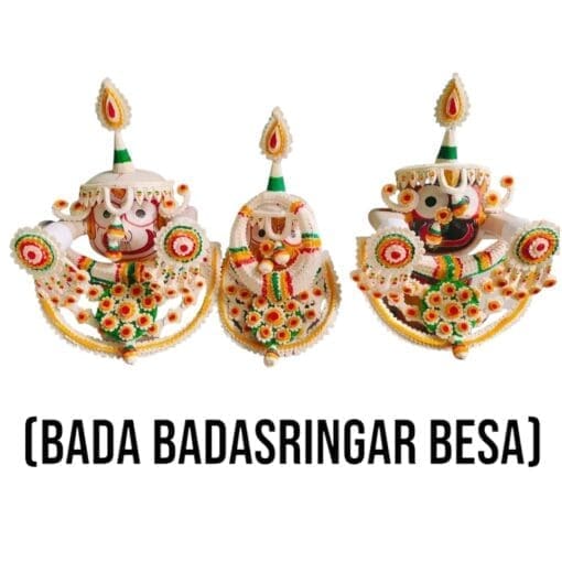 Bada Shringar Besha for Lord Jagannath murtis, enhancing home altars and expressing devotion. Includes Nirmalya Mahaprasadam and Sanjua.