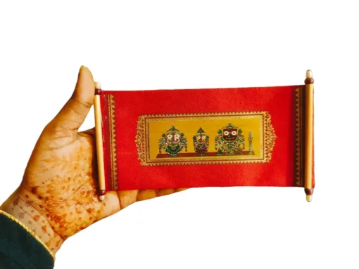 Jagannath Patachitra Shagun Envelope, featuring a traditional painting of Lord Jagannath on a red envelope.