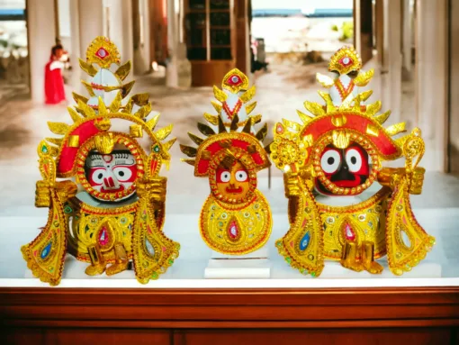 Lord Balabhadra dressed in the Harihara Besha, a unique attire symbolizing the union of Lord Vishnu and Lord Shiva.