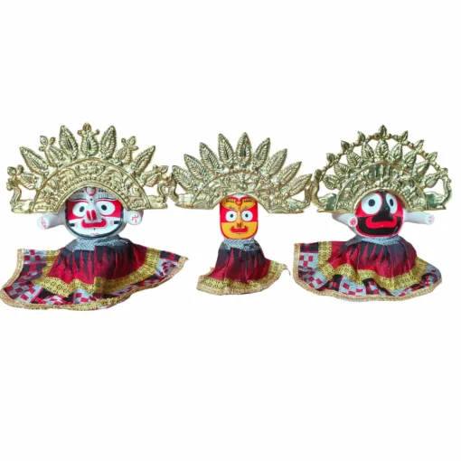 Brass Mukuta (crown) set for Shri Jagannath Mahaprabhu and Siblings, handcrafted with intricate detail.