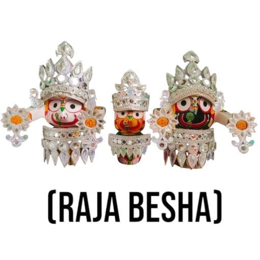 10-piece Raja Besha attire for Lord Jagannath, Balabhadra, and Subhadra deities, signifying royalty.