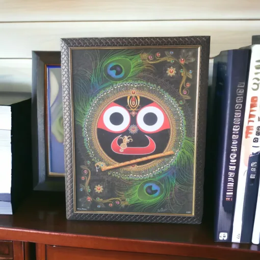 Close-up of the handcrafted details on the Jagannath Mahaprabhu photo frame.