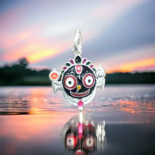 Close-up of the intricate Nila Chakra pendant on the silver Jagannath locket, a thoughtful gift for expressing love and devotion.