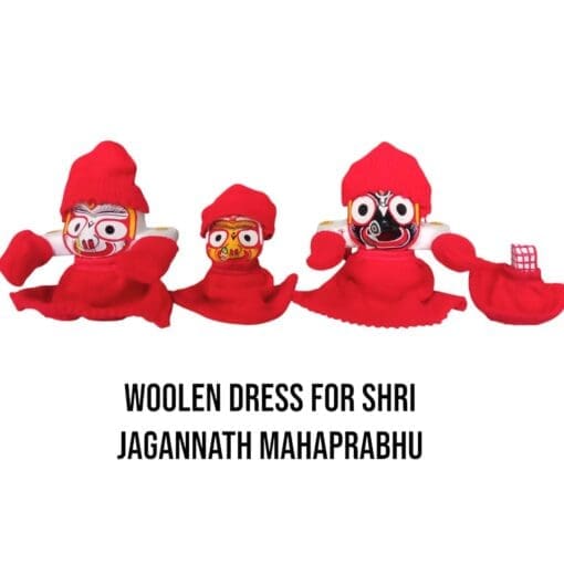 Lord Jagannath, Balabhadra, and Subhadra dressed in warm woolen cold day attire.