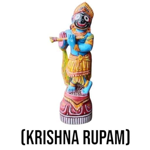 Krishna Rupam Jagannath murti with Nirmalya Mahaprasadam and Sanjua for puja rituals, inviting blessings of divine love, joy, and spiritual connection with Lord Krishna.