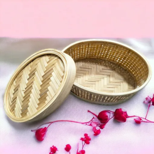 Wooden bamboo basket, ideal for storage or decorative purposes in your home, office, or puja space.