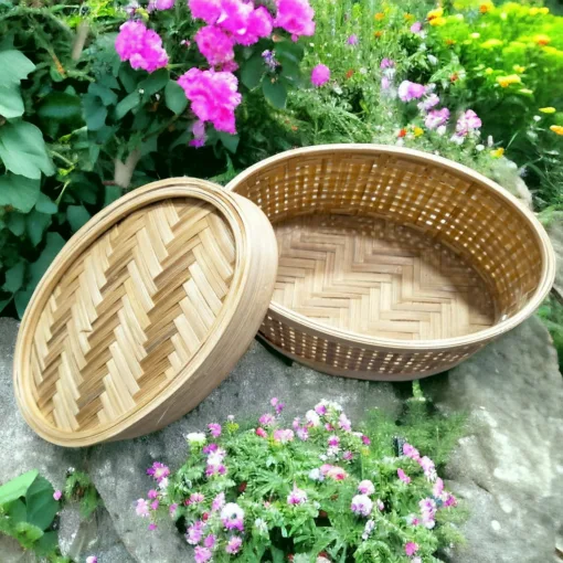 Handmade Bamboo Basket, crafted from natural bamboo cane, perfect for home, office, or puja use.