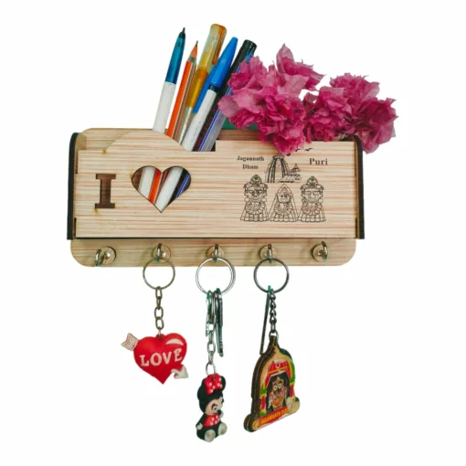 Handcrafted wooden key stand with a floral design, perfect for organizing keys, mobile phones, and pens.