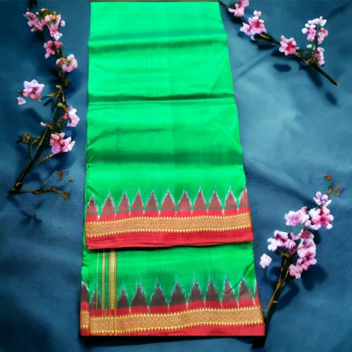 Traditional Indian attire for spiritual practices, featuring a Dhoti and Uttariya in a vibrant multi-color pattern.