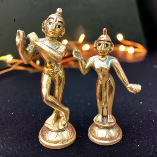 5-inch Shri Madan Mohan Brass Murti, handcrafted with intricate detail, capturing the love between Radha and Krishna.