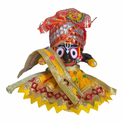 Handcrafted neem wood murti of Shri Jagannath with a dress and crown, radiating serenity and compassion.