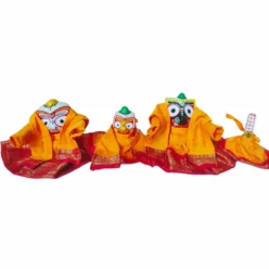 Lord Jagannath, Balabhadra, and Subhadra adorned with the Laxmi Kantam Dress set.