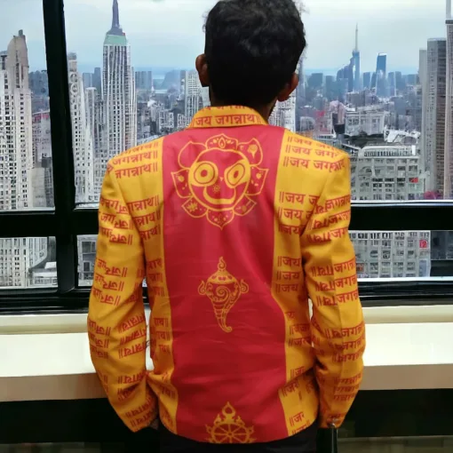 Shri Jagannath Grace Blazer in yellow and red, made from high-quality cotton, featuring a design inspired by Lord Jagannath.