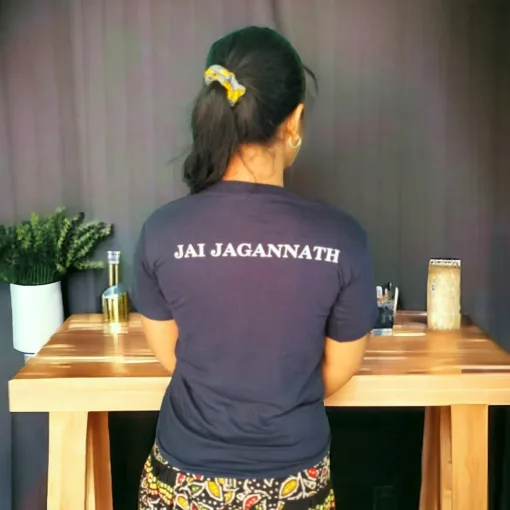 Shri Jagannath Unisex T-Shirt in navy blue. Features an image of Shri Jagannath, perfect for expressing devotion.