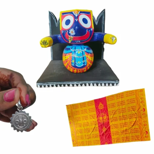 Handcrafted neem wood murti of Shri Jagannath with a lotus-shaped seat and a silver locket featuring the deity.