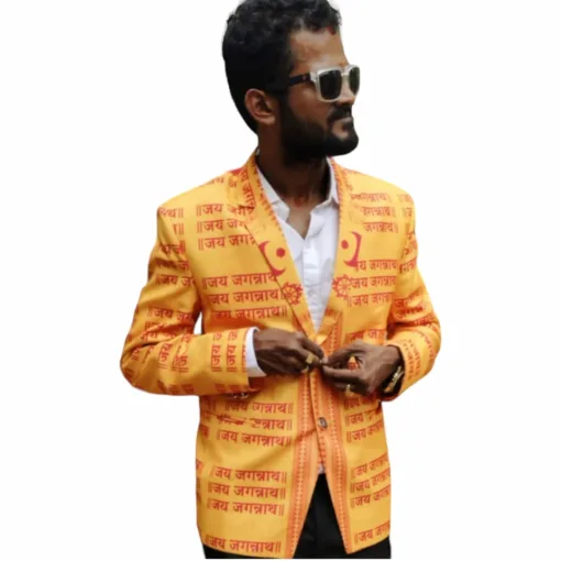 Person wearing the Shri Jagannath Grace Blazer, displaying their faith with style.