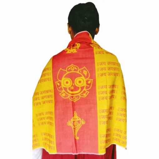 Shri Jagannath Grace Blazer in yellow and red, made from high-quality cotton, featuring a design inspired by Lord Jagannath.