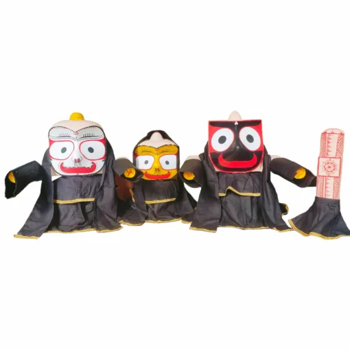 Lord Jagannath, Balabhadra, and Subhadra adorned with the black cotton Saturday Dress.