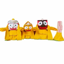 Lord Jagannath, Balabhadra, and Subhadra adorned with the yellow cotton Thursday Dress.