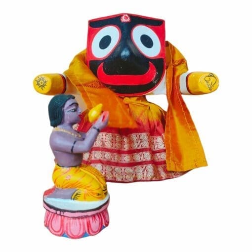 Shri Jagannath and Dasia Bauri murtis displayed with offerings of Sanjua and Nirmalya Mahaprasadam.