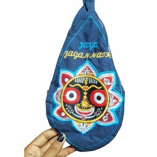 Blue cotton Japa bag with Shri Jagannath image. Perfect for carrying prayer beads and other spiritual items.