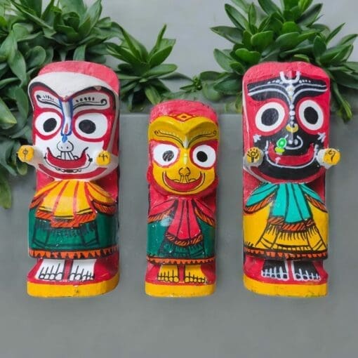 Standing Rupam Jagannath, Balabhadra, and Subhadra murtis. Hand-carved from pure neem wood.