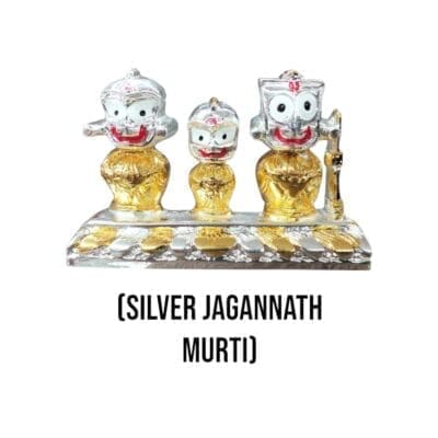 Small Silver Jagannath murti with Nirmalya Mahaprasadam and Sanjua for puja rituals.