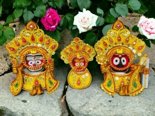 Golden Suna Besha attire for Lord Jagannath, Balabhadra, and Subhadra. Symbolizes divine opulence during Ratha Yatra.