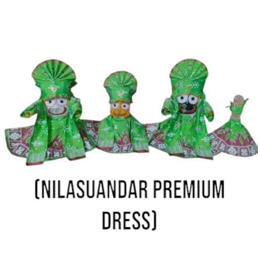 Nilasuandar Premium Dress Set of Shri Jagannath Mahaprabhu with Mukut (15 pcs), made of hand-carved silk pata cloth. Includes mukut (headpiece), 3 dresses, 3 chadars (shawls), 1 small dress for Sudarsan, 4 hand cloths, and 4 mukuts. Available in various sizes.